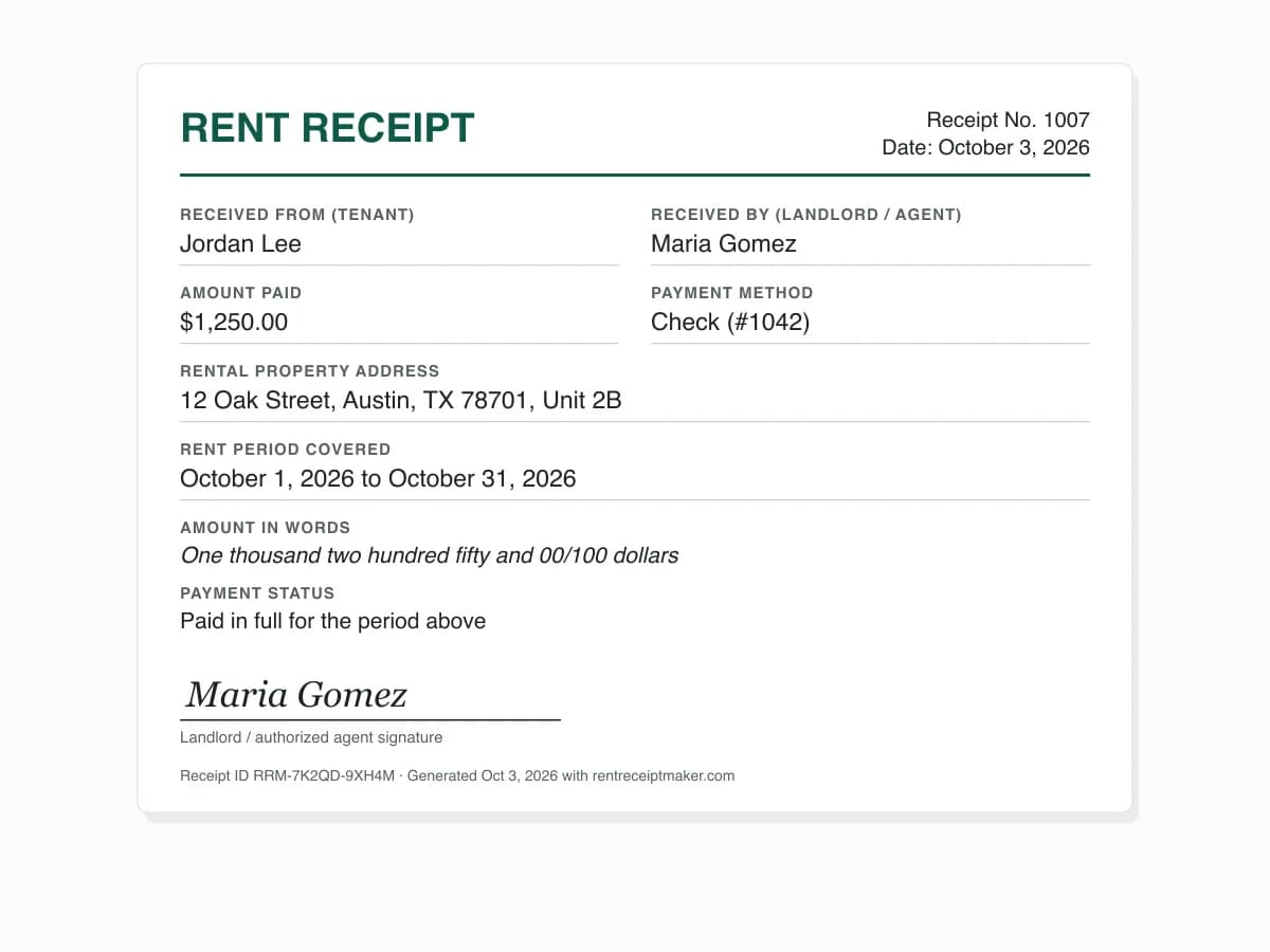 Rent receipt template in Word format filled in with a $1,250 check payment for October rent, showing receipt number, tenant, landlord, property address and signature